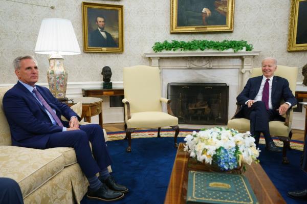President Biden and House Speaker Kevin McCarthy meet at the White House May 9, 2023. 
