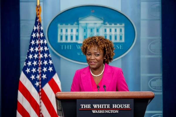 White House press secretary Karine Jean-Pierre speaks at a press briefing at the White House in Washington, Tuesday, April 25, 2023.