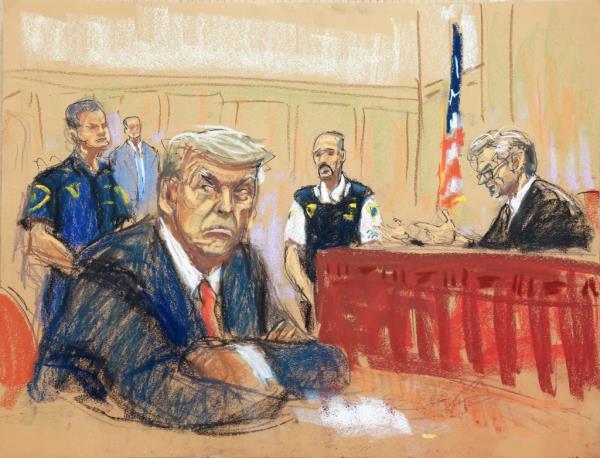 Court sketch of former U.S. President Do<em></em>nald Trump appears in court for an arraignment.