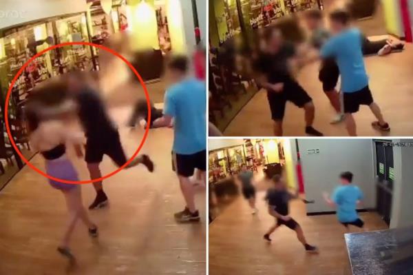 Military police officer Luiz Pereira da Silva Neto Moura de Macena Mendonca, 28, assaulted the 18-year-old woman at a gym in Goiania, Brazil. He also struck out at one of the woman's male companions (seen in blue).